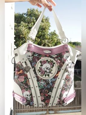 Ed Hardy Crossbody Satchel Lavender White Zipper Front Skull Flowers Mom Dad New